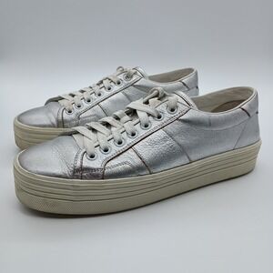 Saint Laurent Paris Silver Metallic Leather Low Top Platform Sneakers EU 40